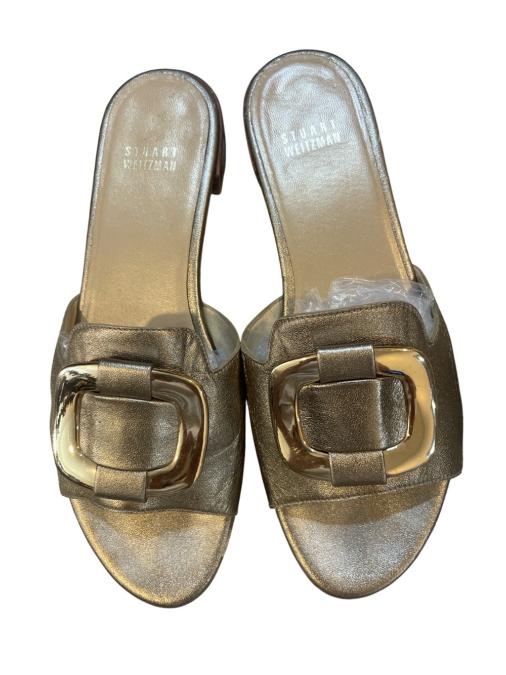 Stuart Weitzman Gold Metallic Buckle Slide Sandals